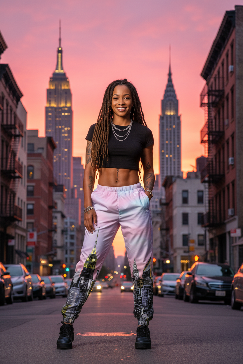 Woman wearing Loria NYC Art pants standing on a city street with iconic buildings in the background during sunset.