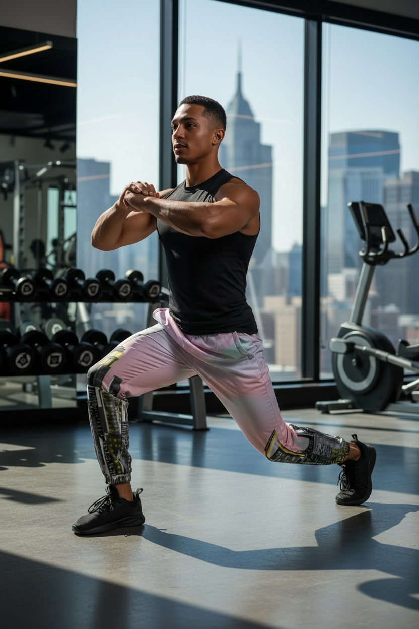 Man wearing Loria NYC Art pants exercising in a gym with cityscape view