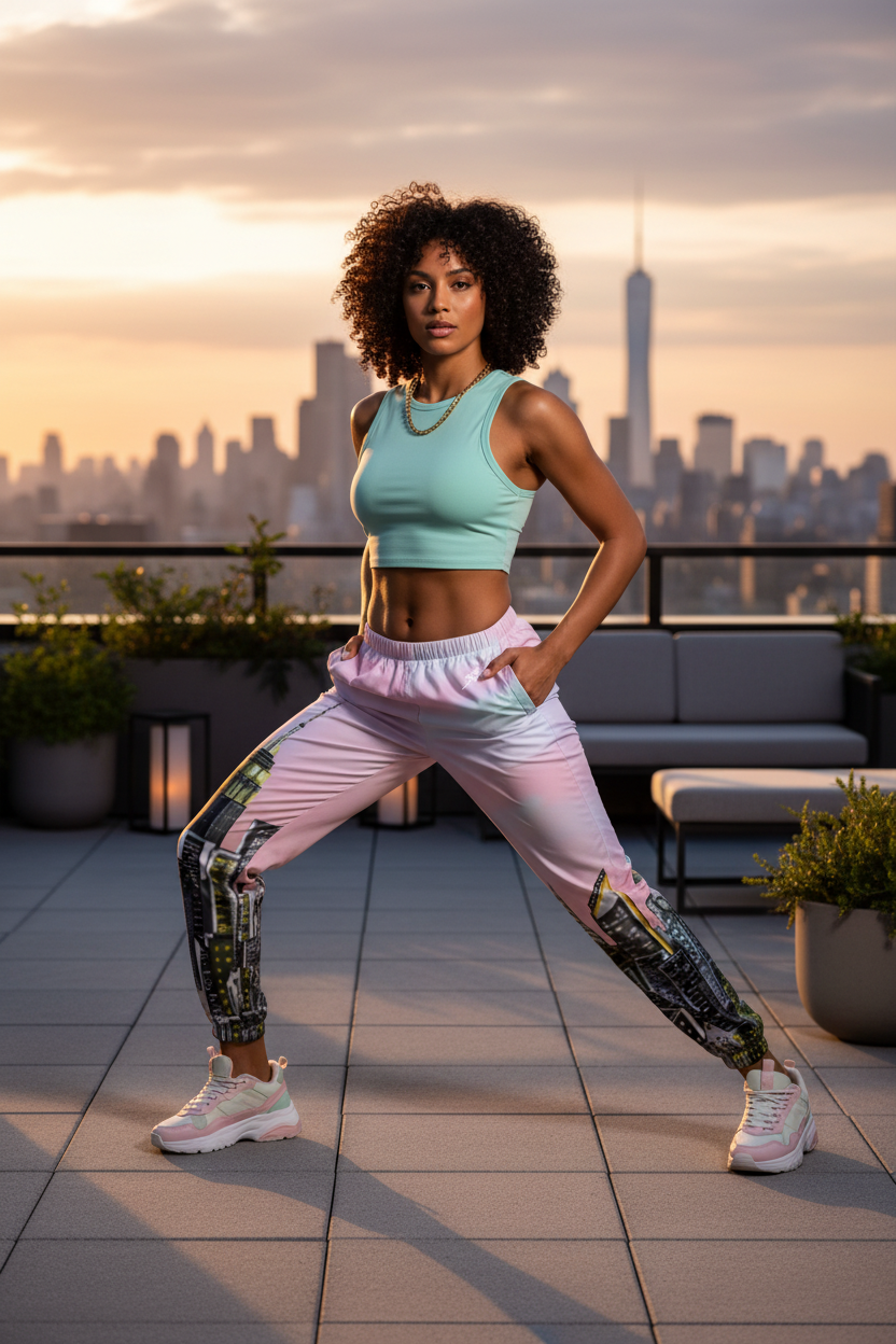 Woman in Loria NYC Art athletic wear posing on a rooftop with a city skyline in the background