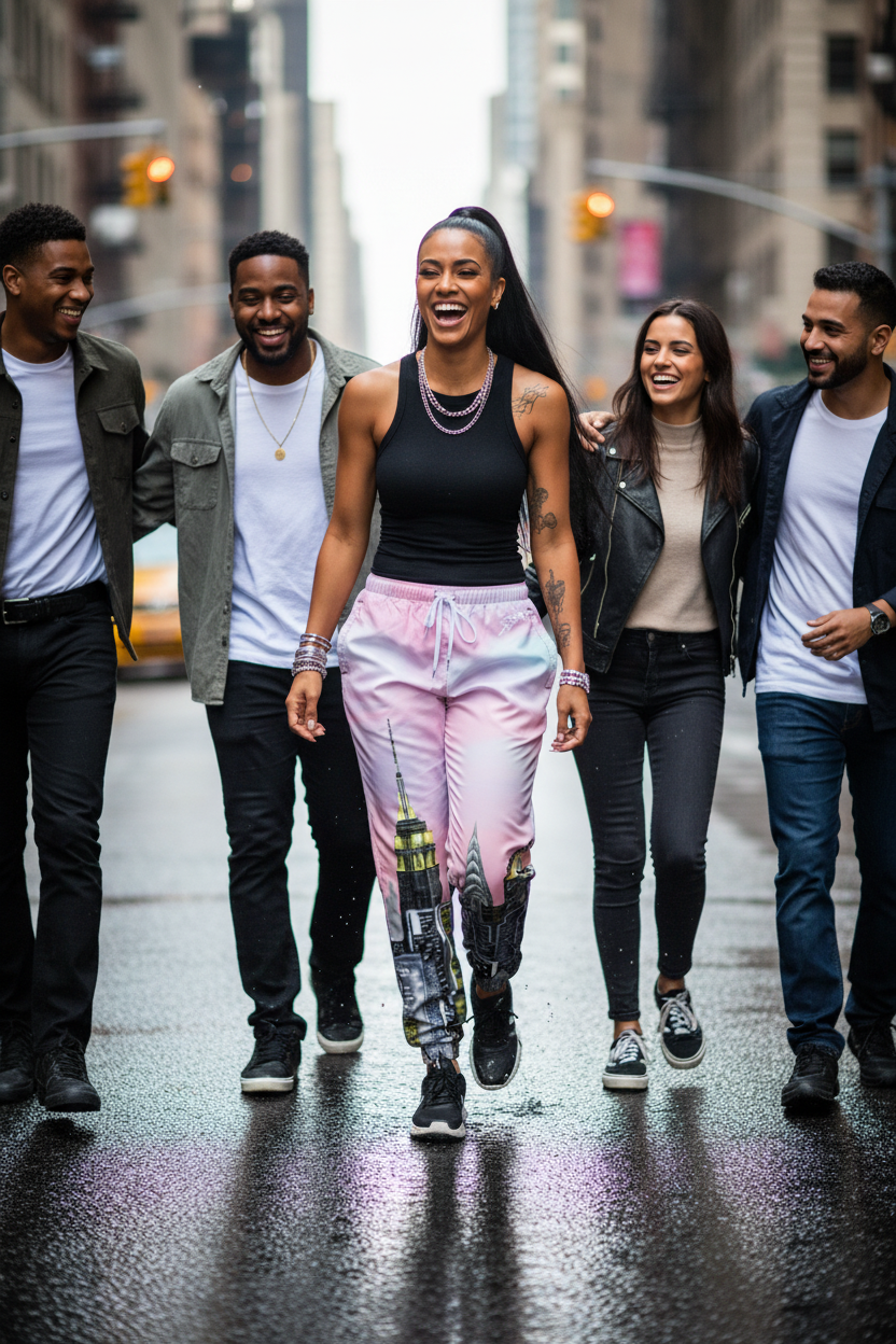 Girl wearing pink Loria NYC Art track pants with people walking together on a city street