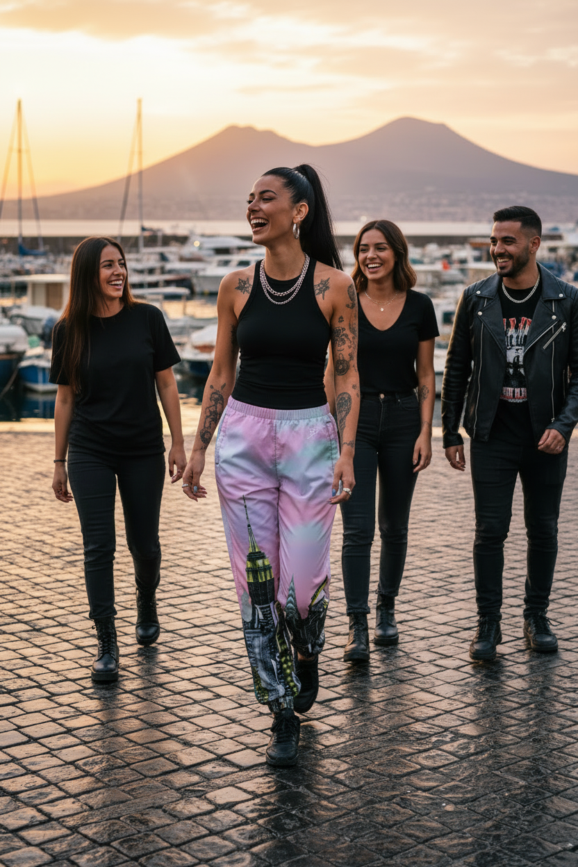 Girl wearing pink Loria NYC Art pants walking together on a waterfront promenade with mountains in the background.