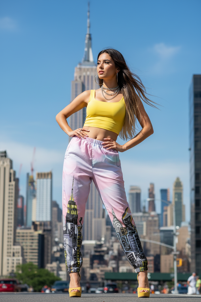 Women posing in colorful Loria NYC Art track pants standing in the city streets.