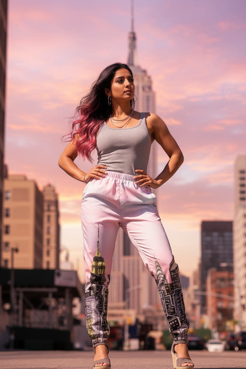 Woman wearing pink Loria NYC Art pants in a city street with a pink sky and tall buildings in the background 