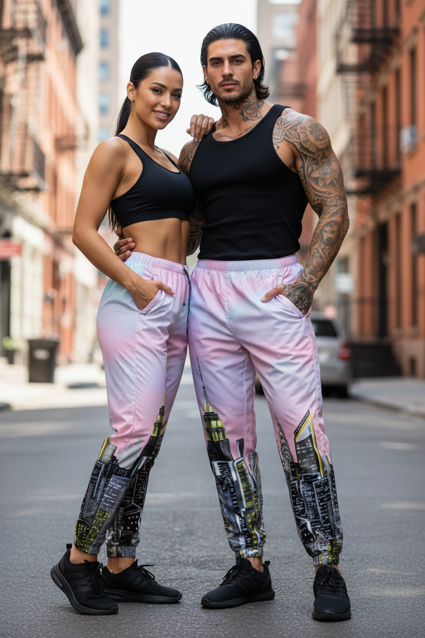 Two people wearing matching Loria NYC Art pants and black tank tops on a city street.