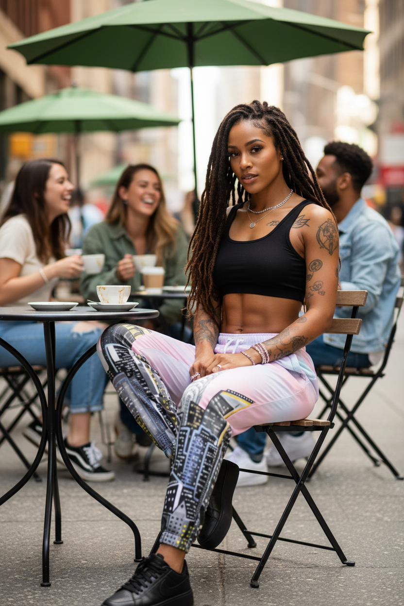 Woman wearing pink Loria NYC Art pants sitting outdoors at a cafe with friends, wearing a black top and colorful pants.