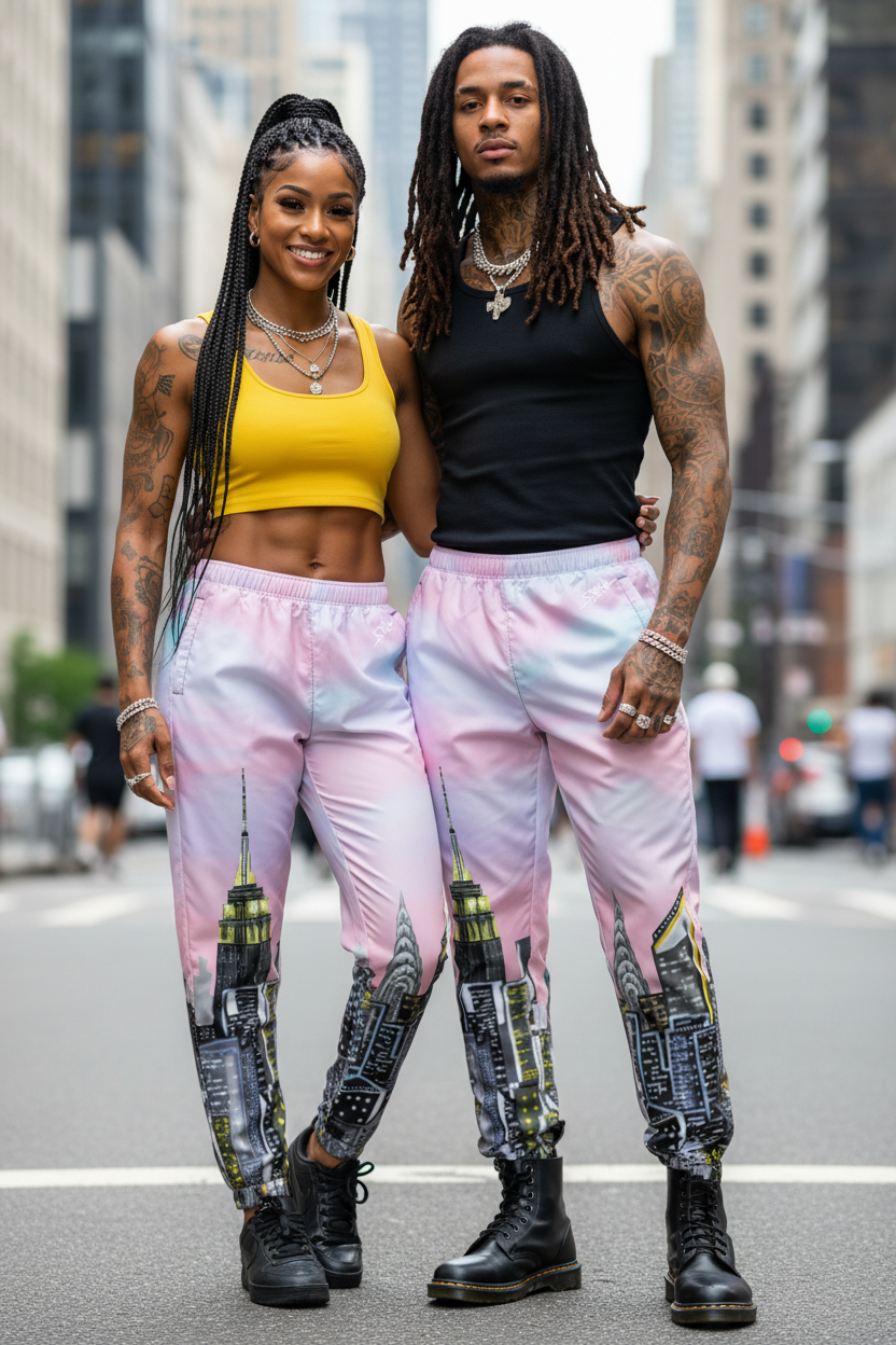 Two people wearing colorful Loria NYC Art pants with cityscape design on a street.
