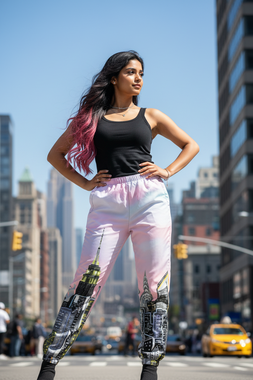 Woman in black top and Loria NYC Art pink pants standing on a city street with tall buildings in the background