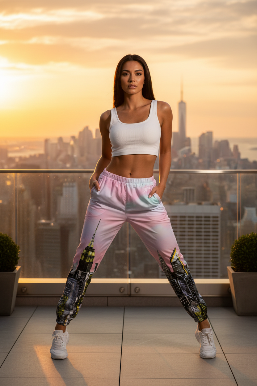 Woman in Loria NYC Art athletic wear standing on a rooftop with a city skyline in the background