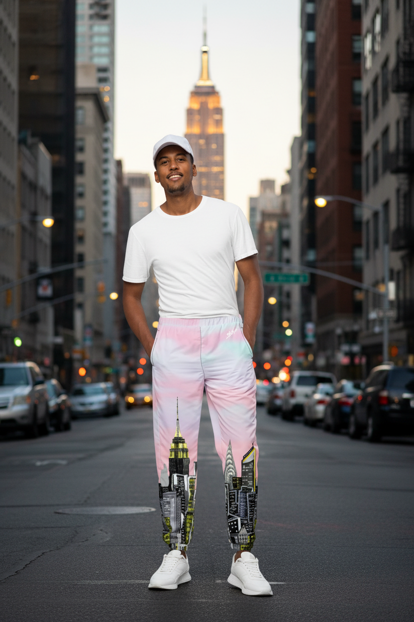 Person wearing a white t-shirt and colorful pants with Loria NYC Art cityscape design on a urban background