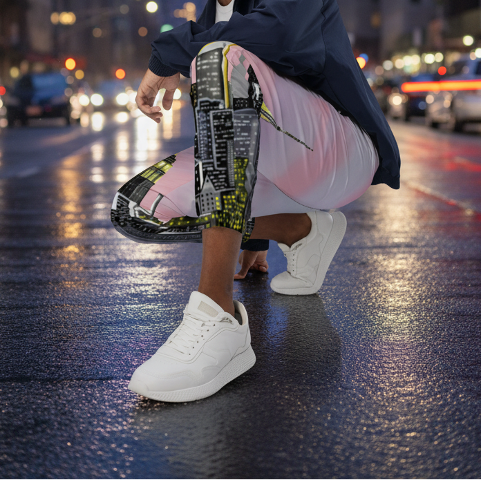 Man wearing a blue jacket, Loria NYC Art pants with black and yellow patterns, and white sneakers on a urban background