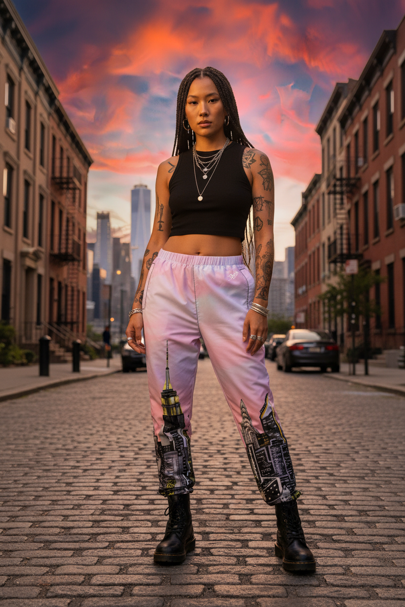 Woman wearing a white crop top and colorful pants with cityscape Loria NYC Art design on a urban background