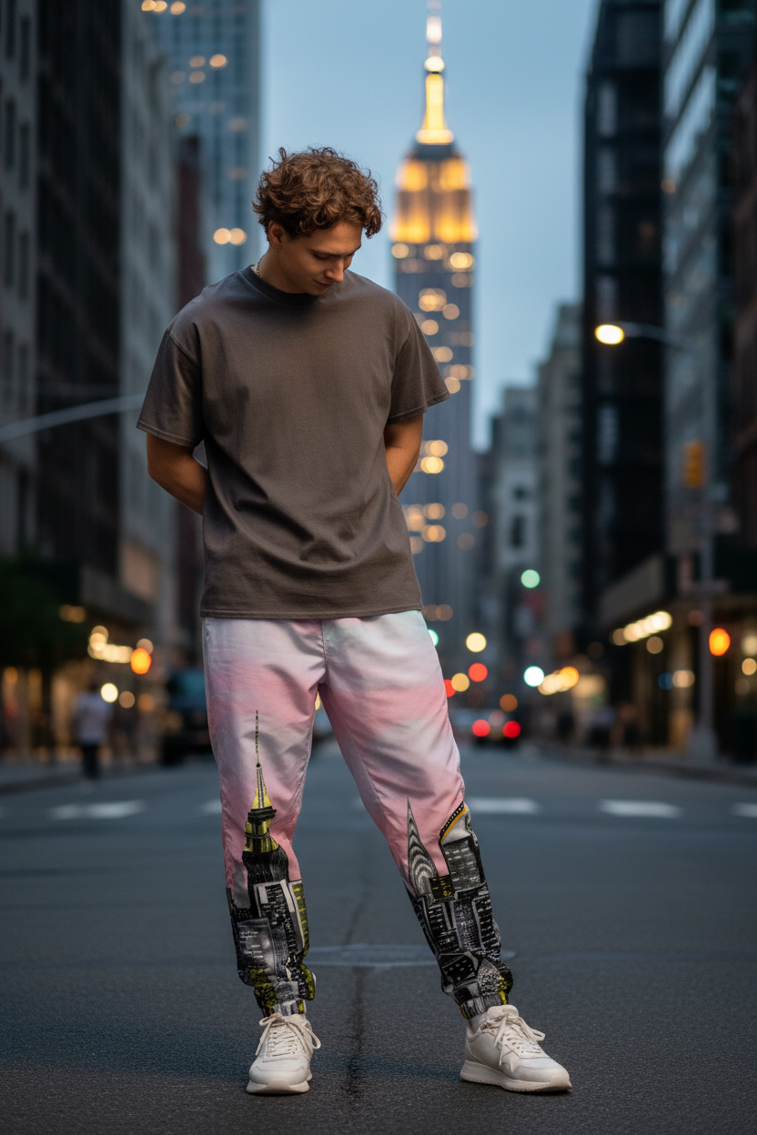 Person wearing a gray t-shirt and colorful Loria NYC Art pants standing against an urban background .