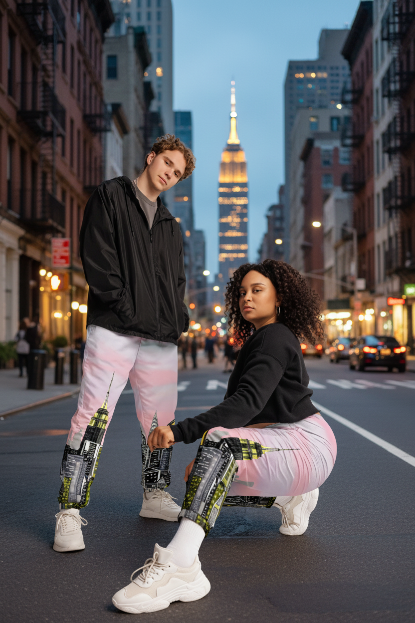 Two people wearing colorful Loria NYC Art pants and urban setting