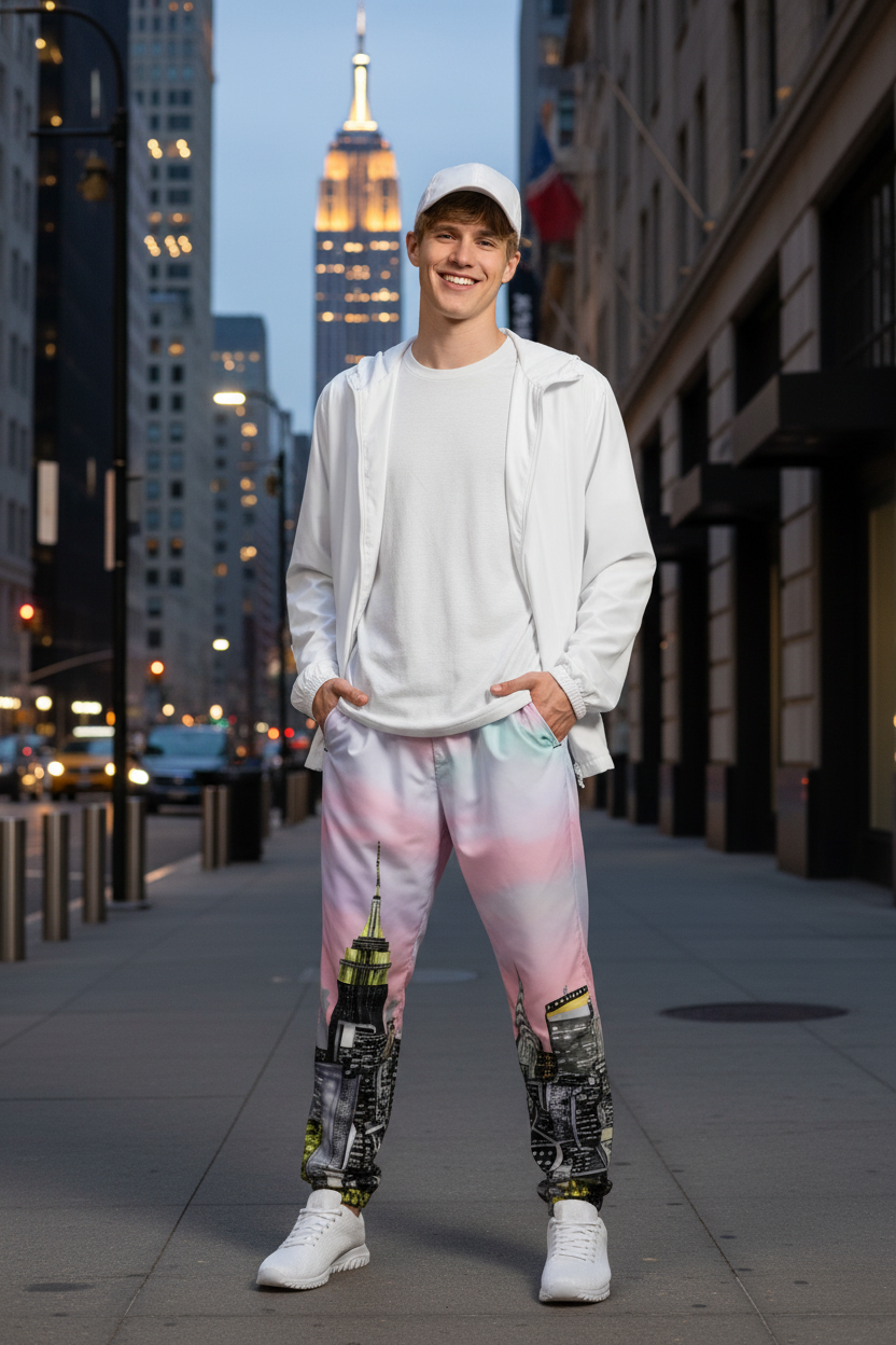 Person wearing a white hoodie and colorful Loria NYC Art pants on a urban background