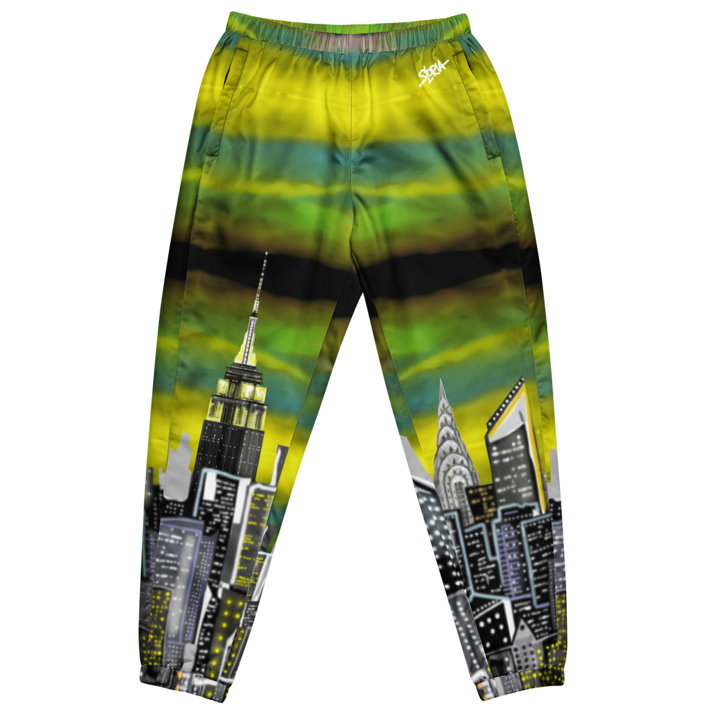 Loria NYC Art pants with cityscape design on a white background