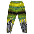Loria NYC Art pants with cityscape design on a white background