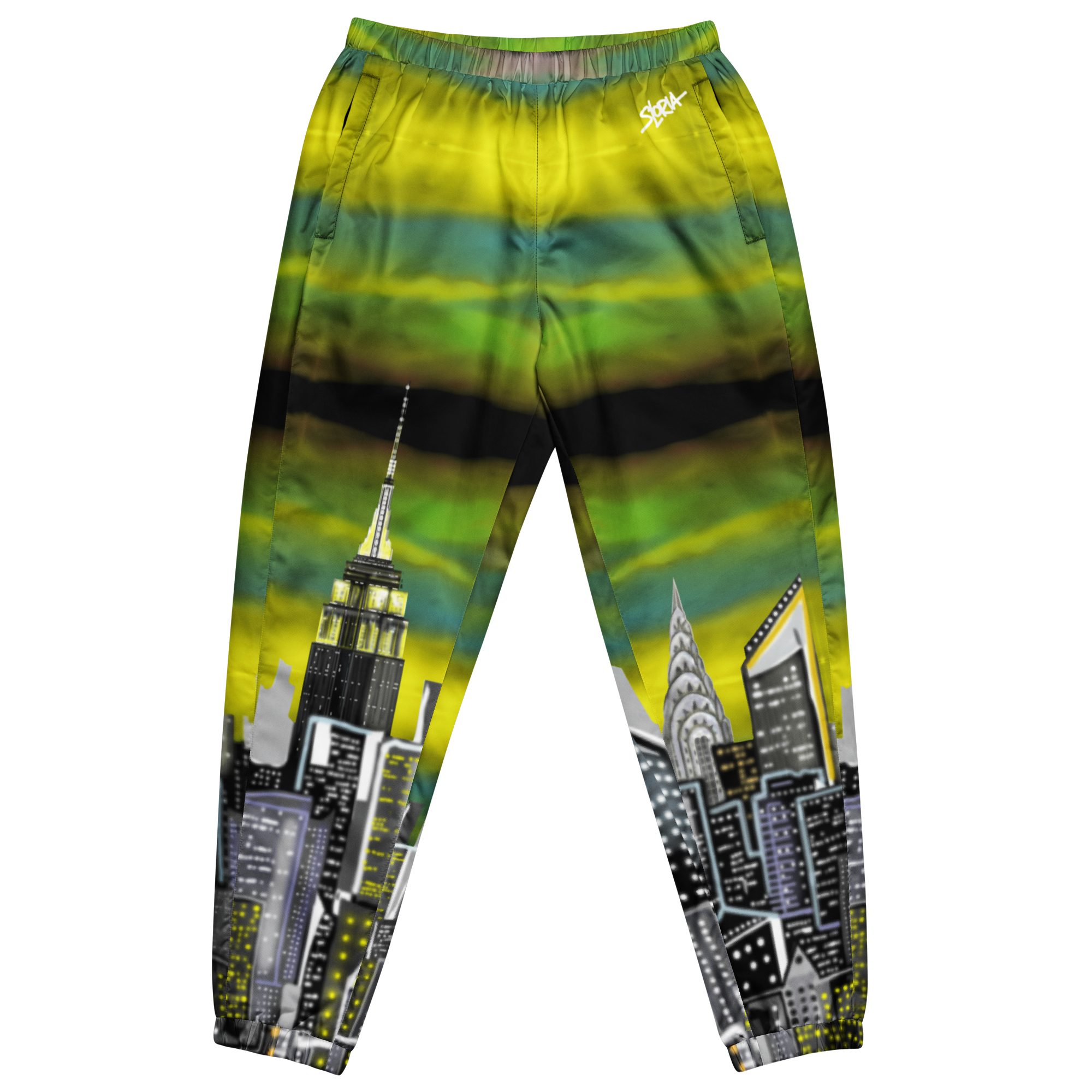 Loria NYC Art pants with cityscape design on a white background