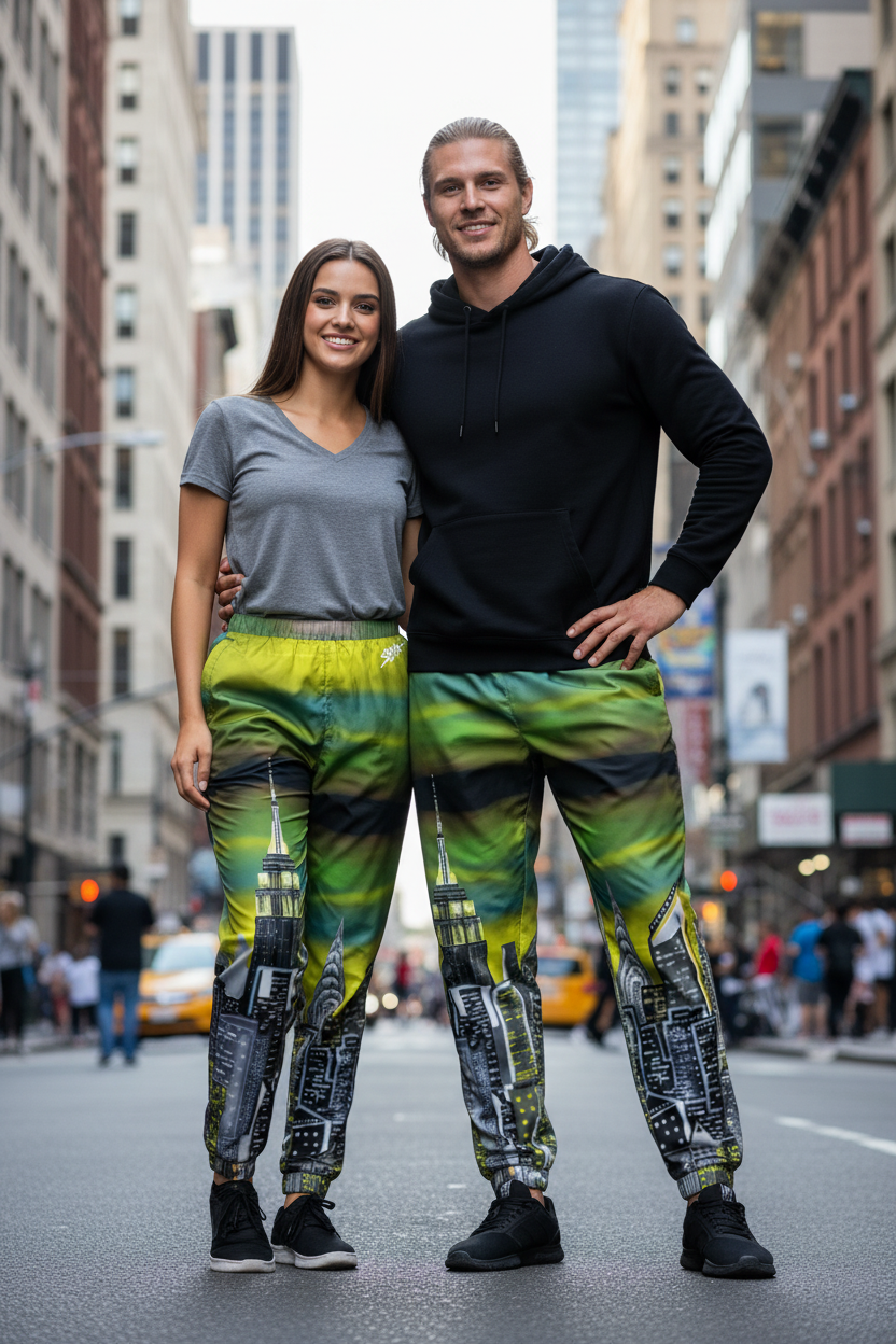 Two people wearing colorful Loria NYC Art pants with cityscape design on a busy street.