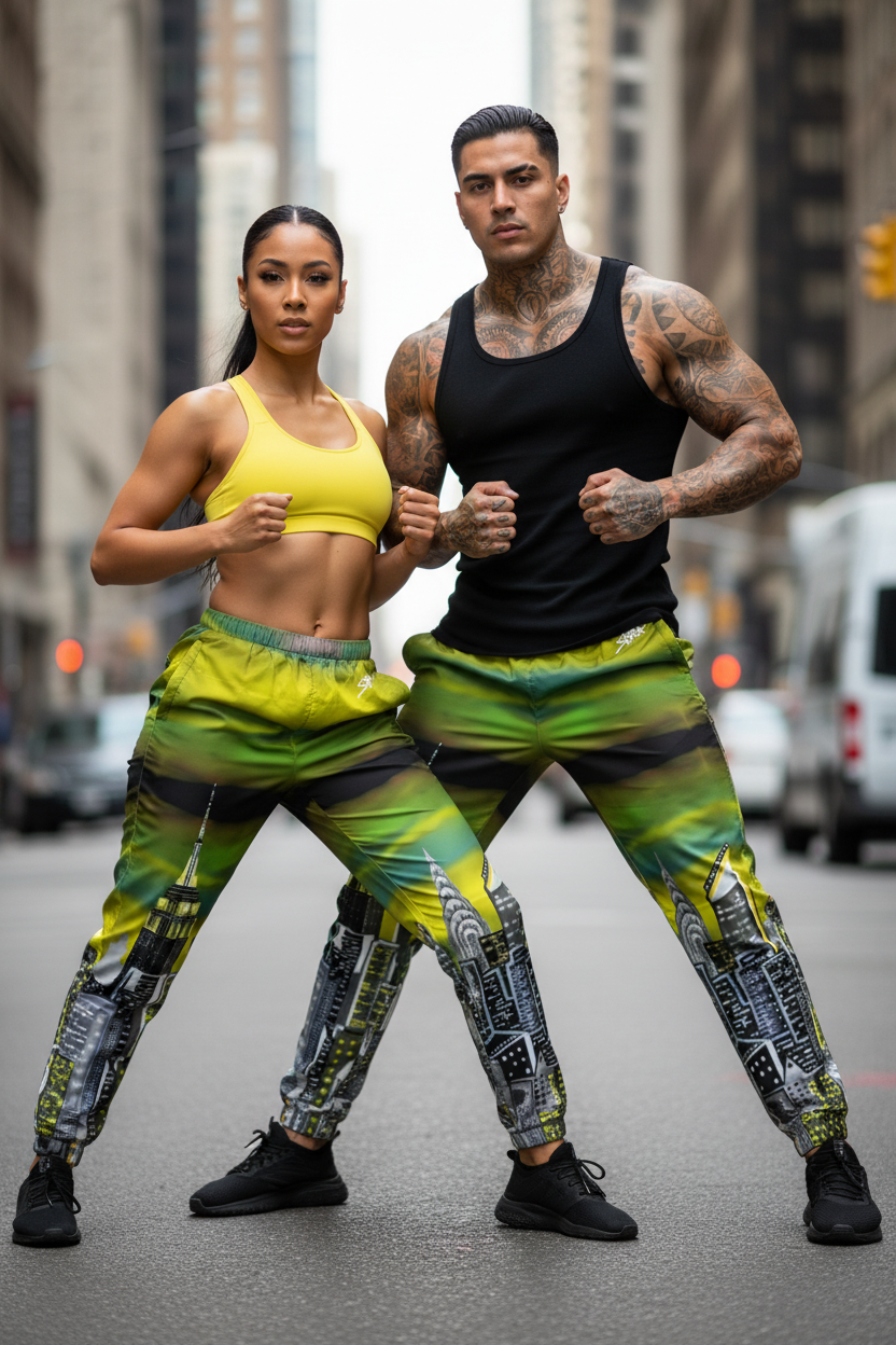 Two people in colorful athletic Loria NYC Art wear standing on a city street.