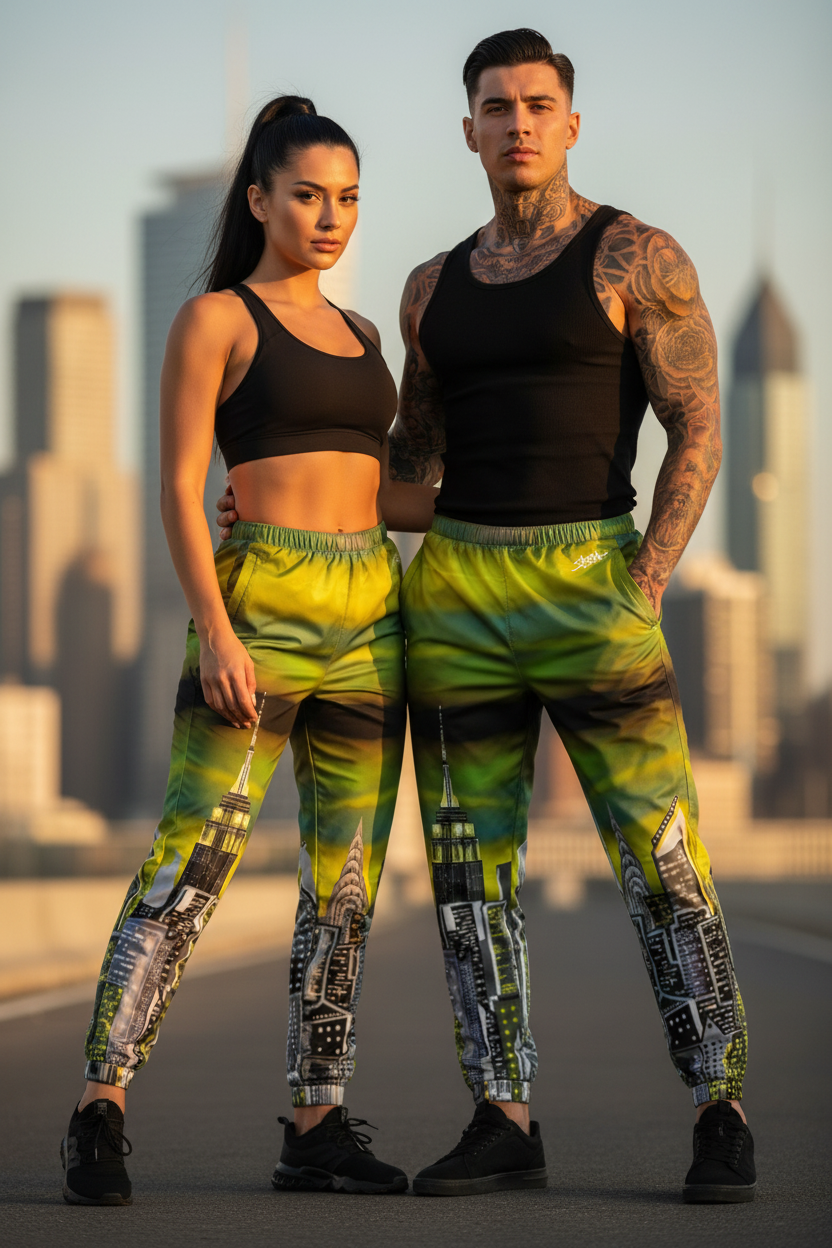 Two people wearing matching green and yellow Loria NYC Art pants with a cityscape background.