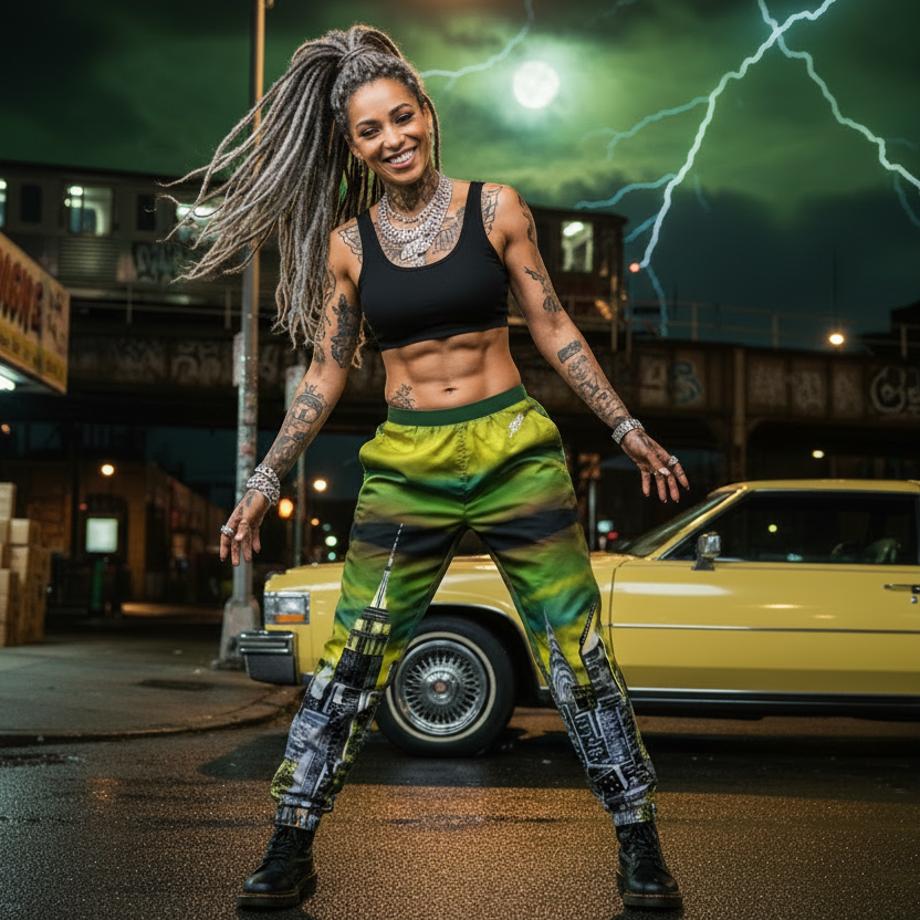 Person in wearing Loria NYC Art track pants with lightning in the background