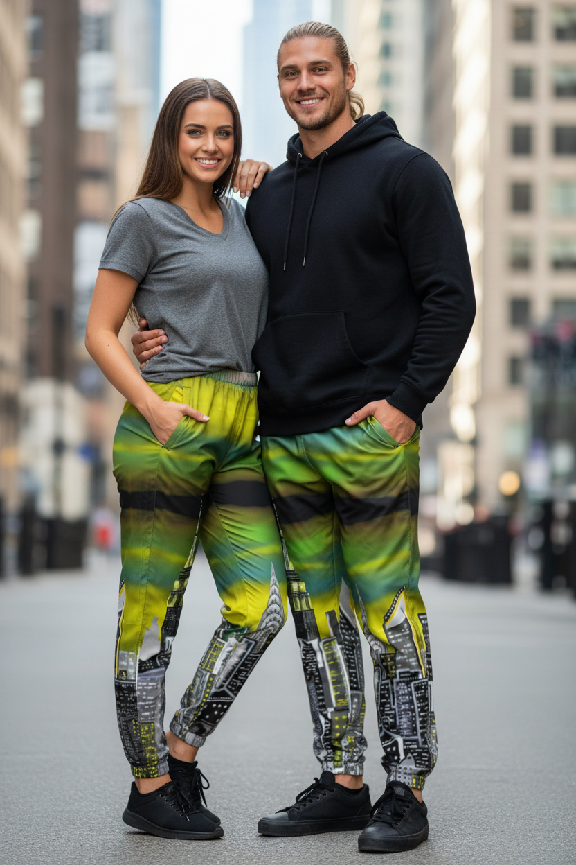 People wearing colorful Loria NYC Art pants with cityscape design on a Urban street.