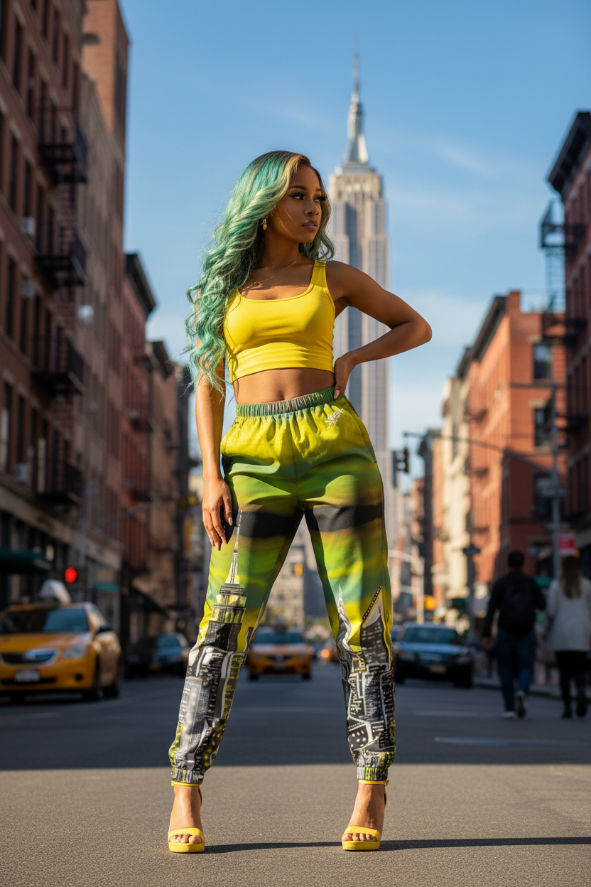 Person in Loria NYC Art track pants and a  yellow top standing on a city street with the Empire State Building in the background