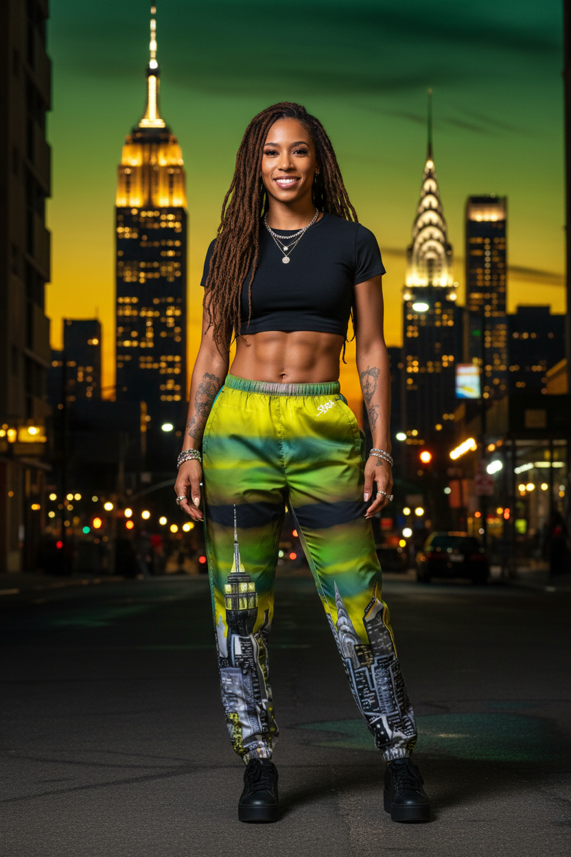 Person wearing a black crop top and colorful Loria NYC track pants with city skyline in the background
