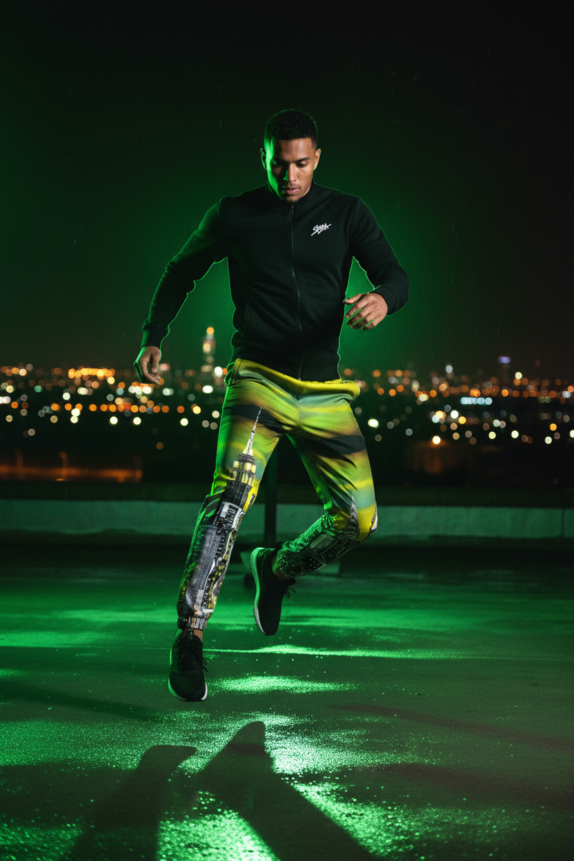 Person on a rooftop wearing Loria NYC Art track pants at night with city lights in the background