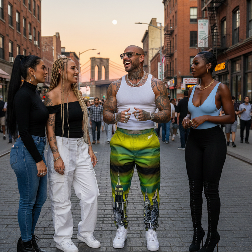 Man wearing Loria NYC Art pants on a city street with a sunset and Brooklyn Bridge in the background.