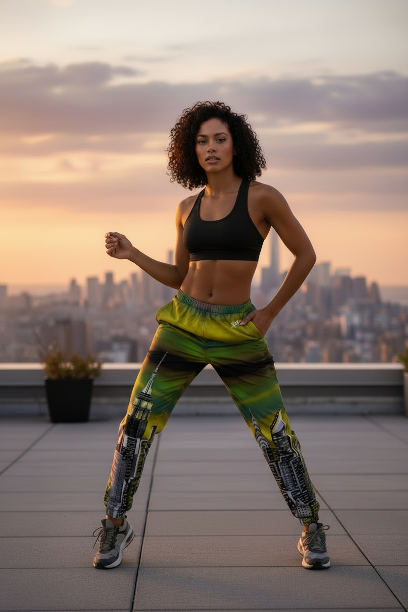 Woman in Loria NYC Art athletic wear standing on a rooftop with city skyline in the background