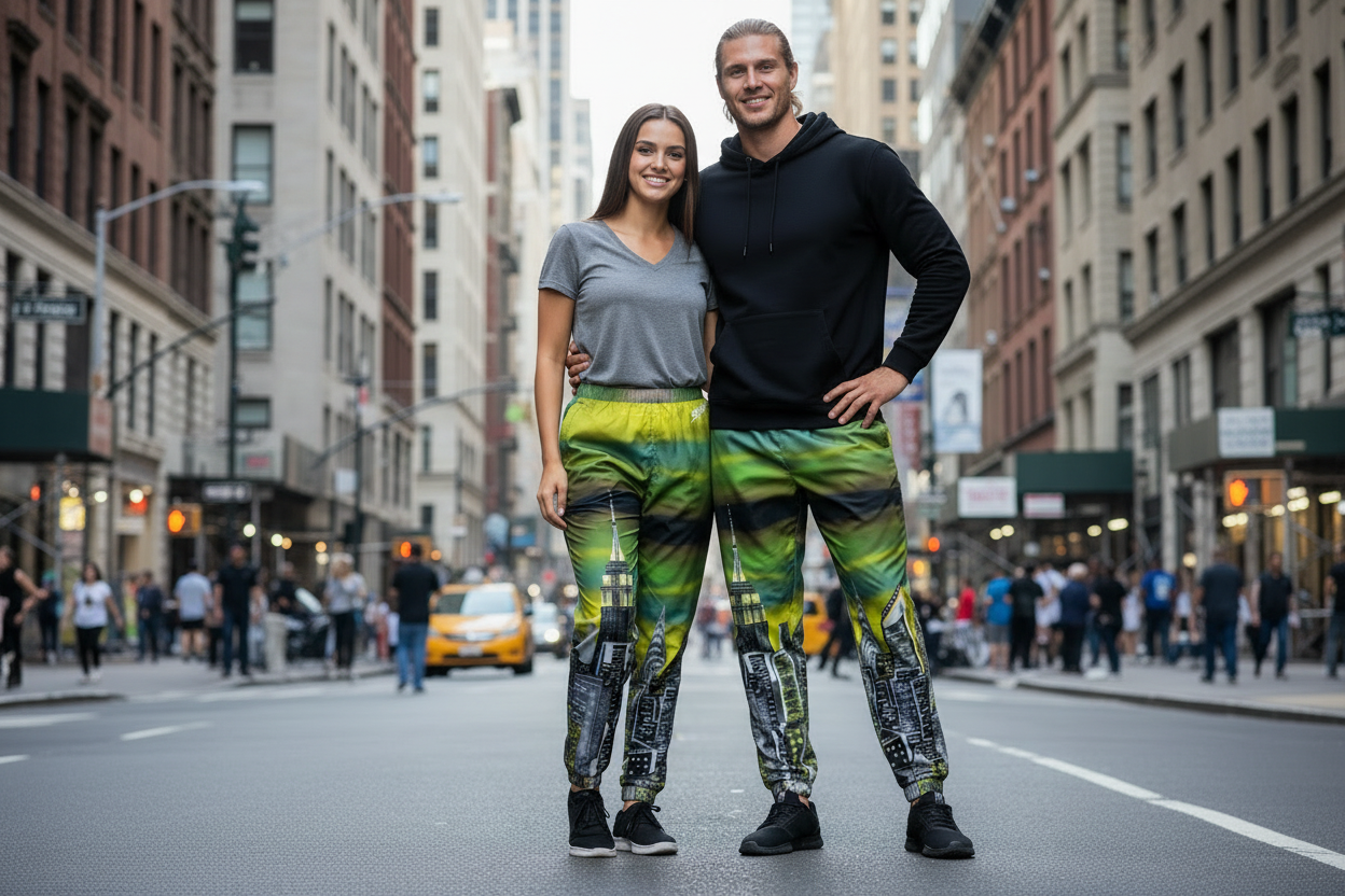 A man and a woman standing in the middle of a city street, wearing matching Loria NYC Art athletic track pants with a green, yellow, and black abstract pattern, along with a gray t-shirt and a black hoodie.