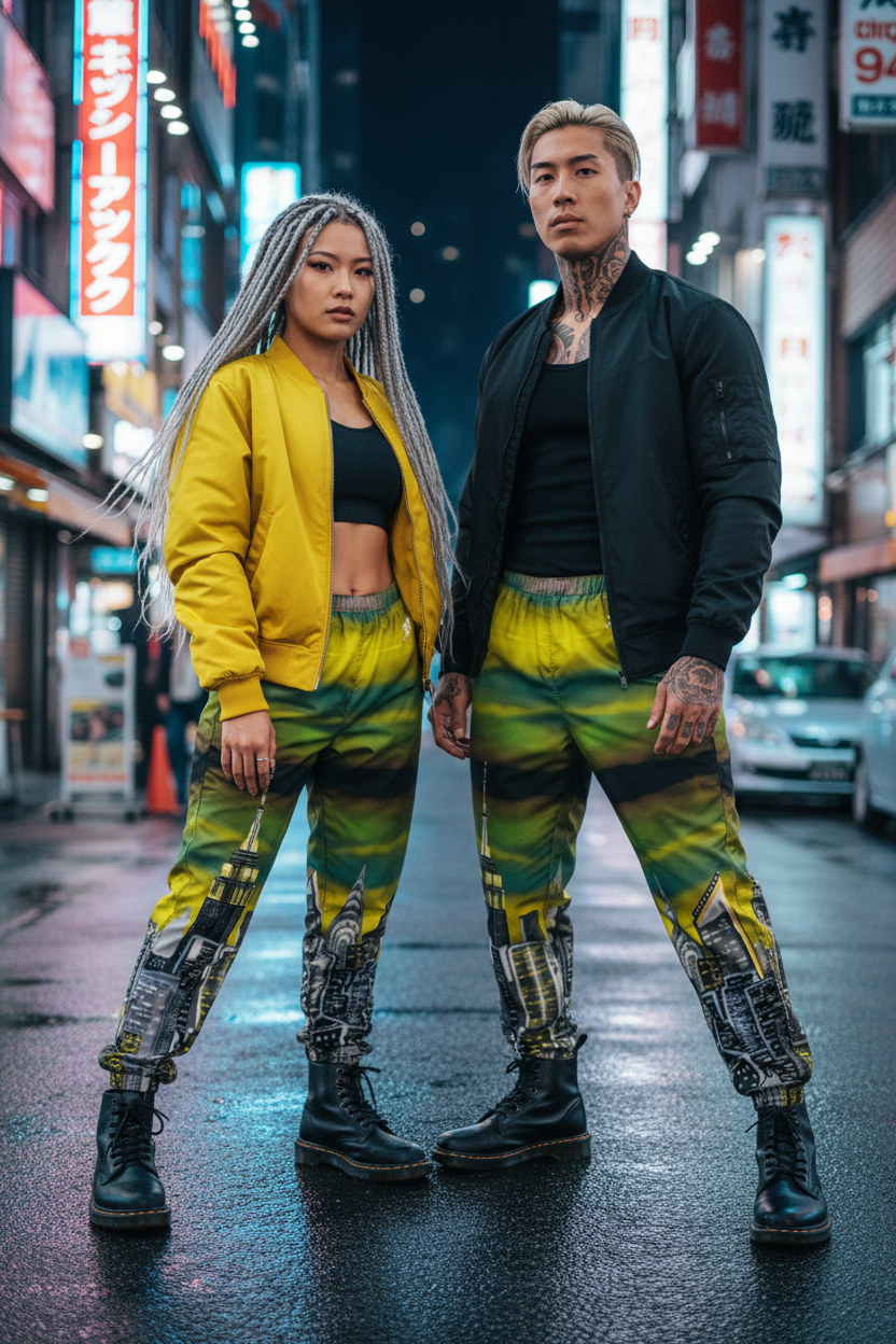 Two people in colorful Loria NYC Art pants standing on a city street at night.