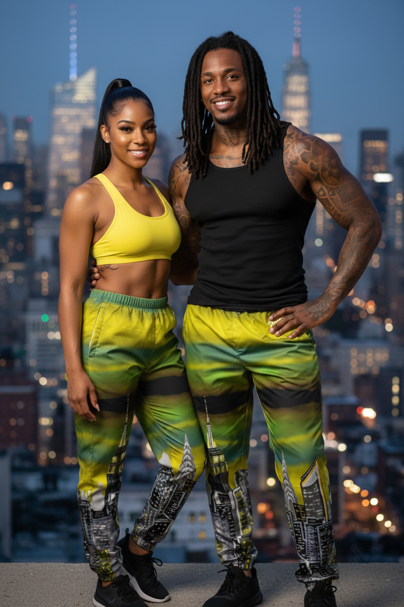 Two people wearing matching colorful athletic Loria NYC Art pants with a city skyline in the background