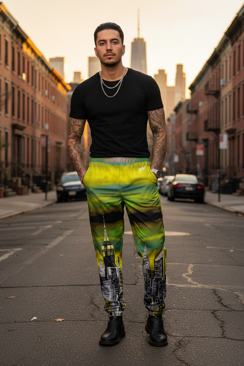 Person wearing a black t-shirt and colorful pants with a cityscape Loria NYC Art design on a urban background