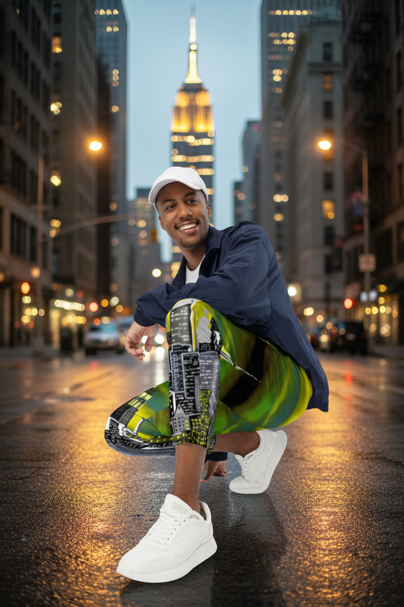 Man wearing colorful Loria NYC Art pants and a blue jacket on a urban background