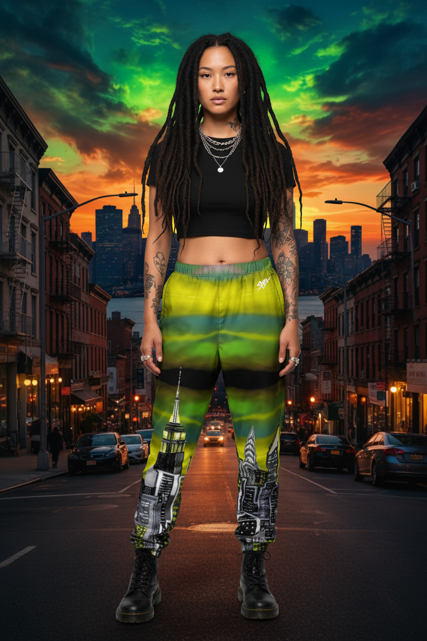Person wearing a white crop top and green and black Loria NYC Art pants on a urban background