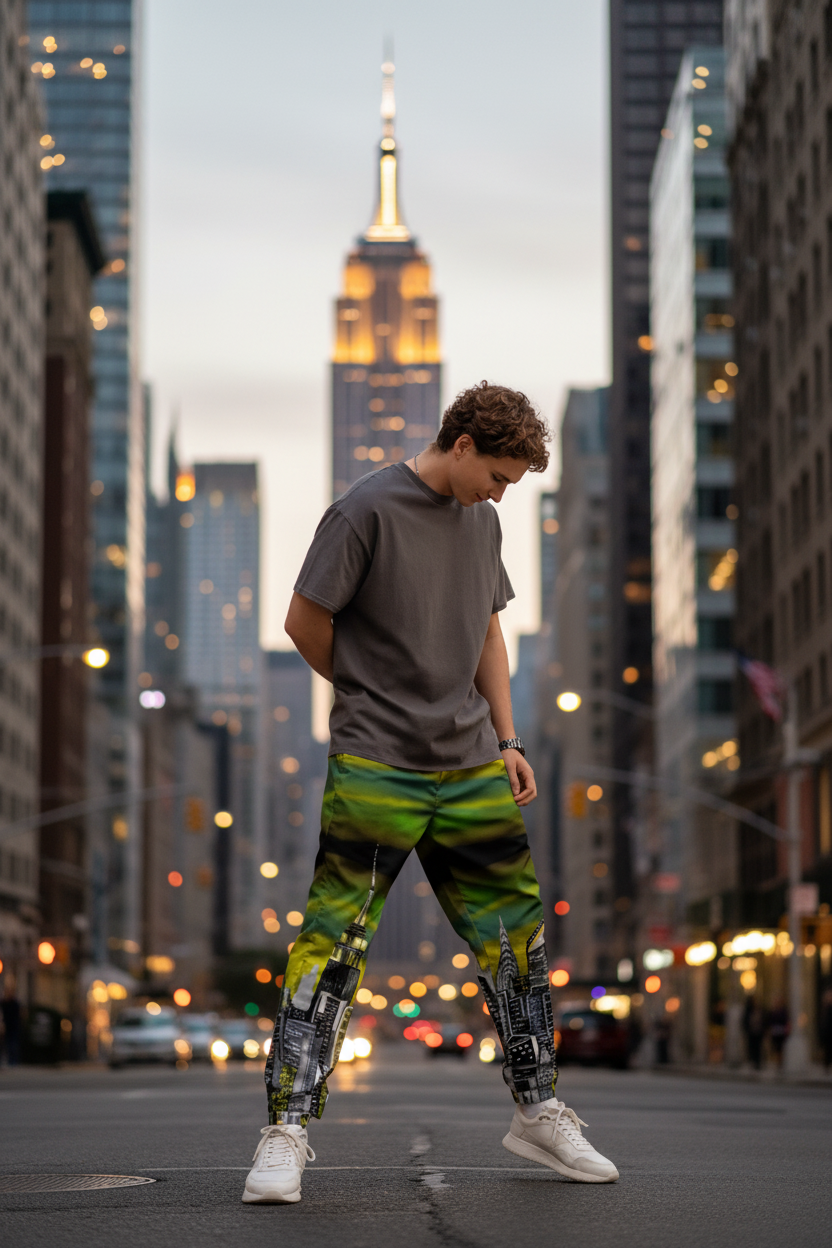 Person wearing a gray t-shirt and green Loria NYC Art pants standing against a urban background