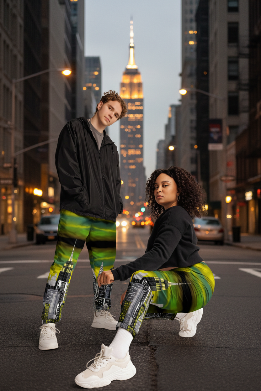 Two people wearing colorful Loria NYC Art pants with a cityscape design on a urban background