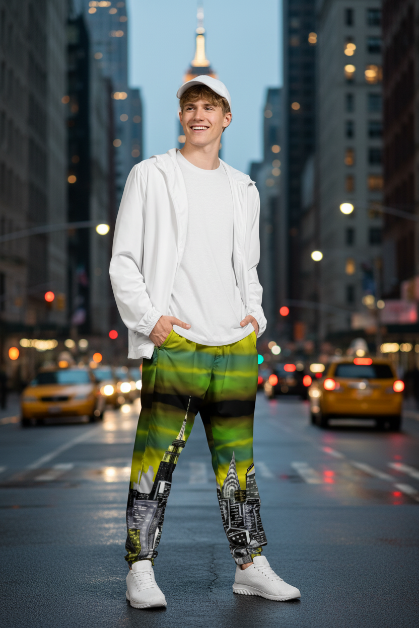 Person wearing a white hoodie and colorful Loria NYC Art pants on a urban background