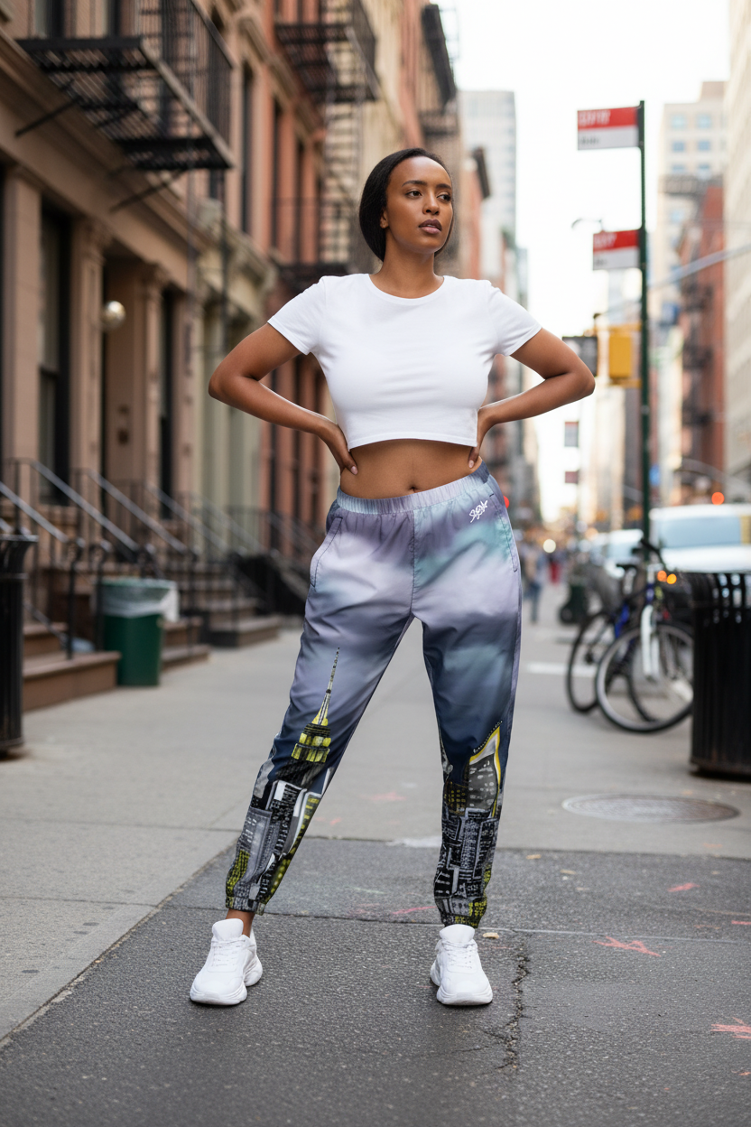 Woman in white crop top and blue Loria NYC Art pants standing on a city street.