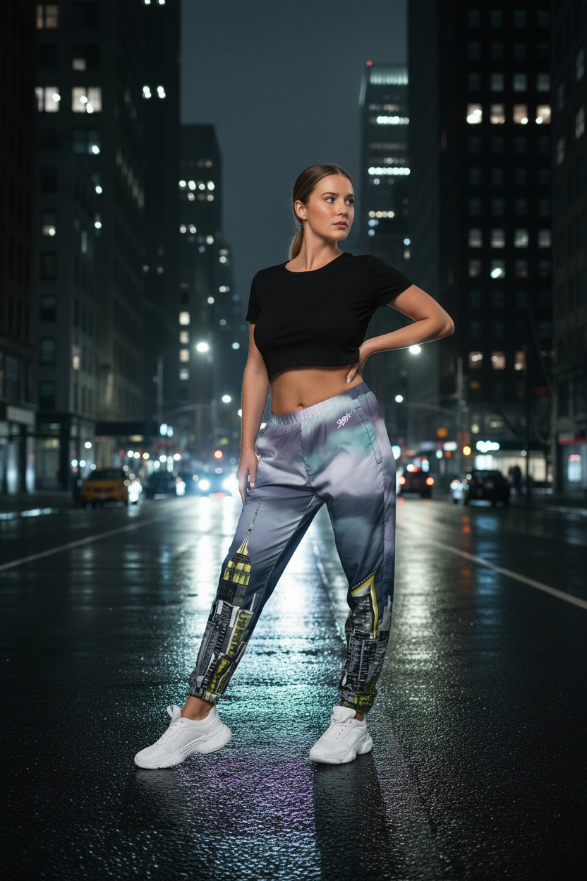 Woman in Loria NYC Art athletic wear standing on a city street at night