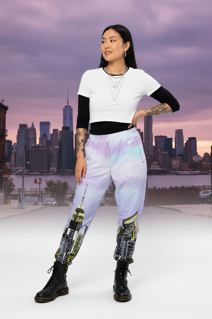 Woman wearing a white crop top and colorful Loria NYC Artpants on a white background