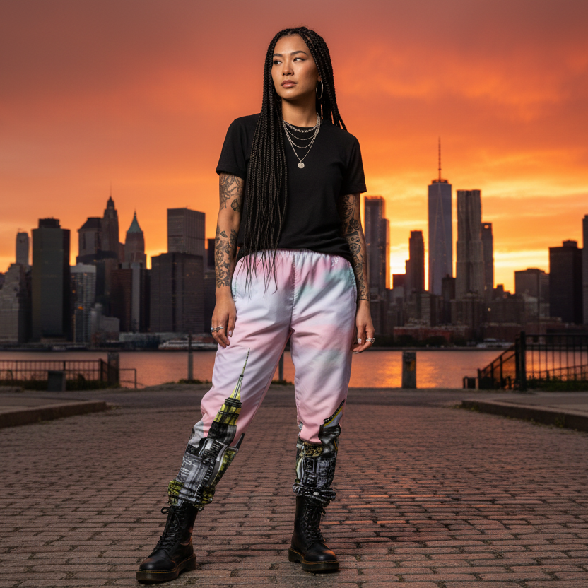 Woman wearing a white crop top and colorful Loria NYC Art pants on a sunset background