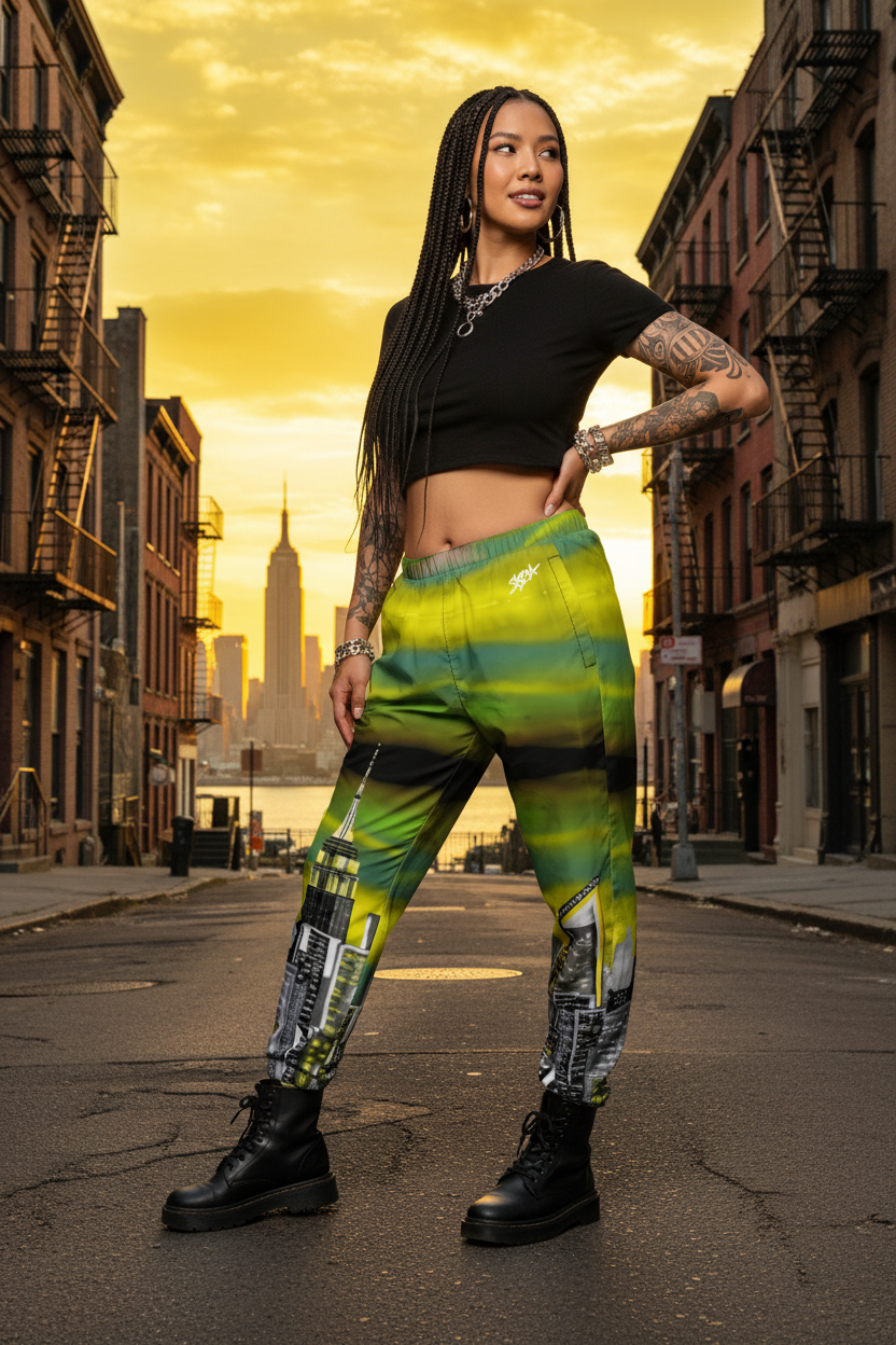 Woman wearing green and black Loria NYC Art pants with a white top on a city background