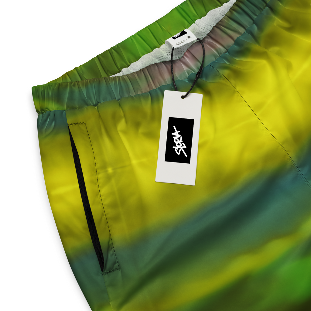 Gradient green and yellow Loria NYC Art pants with a brand tag on a white background