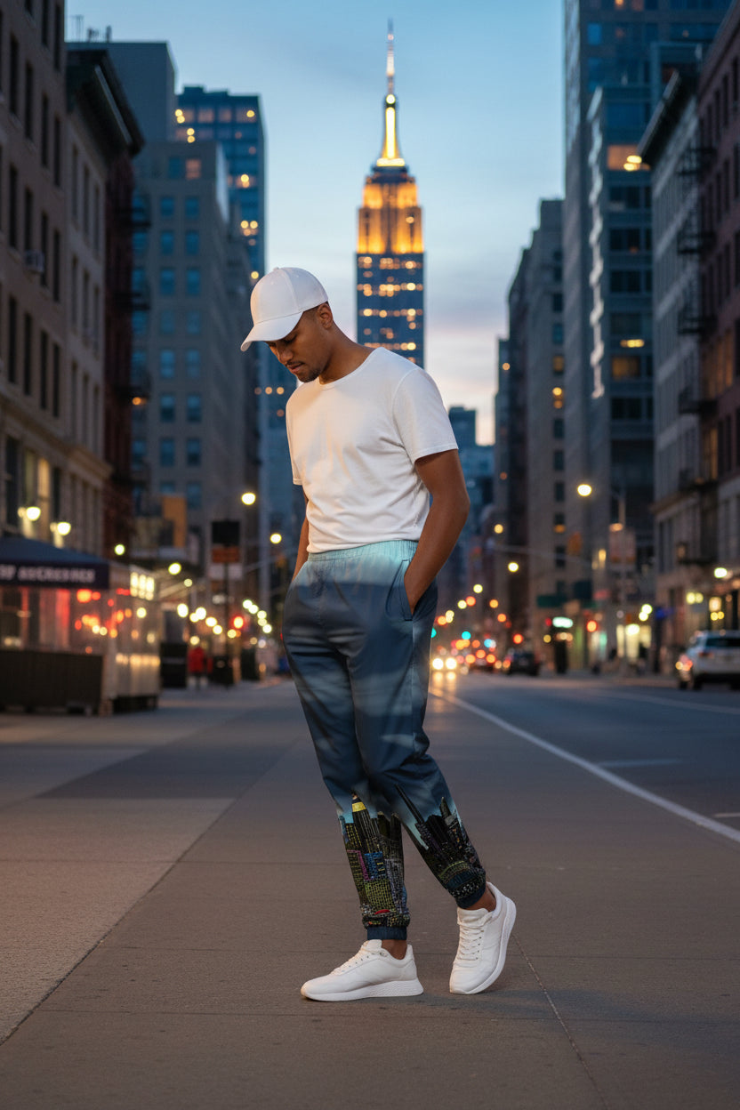Man posing Man with wearing a white t-shirt and blue cityscape pants designed by Loria NYC Art on a urban background