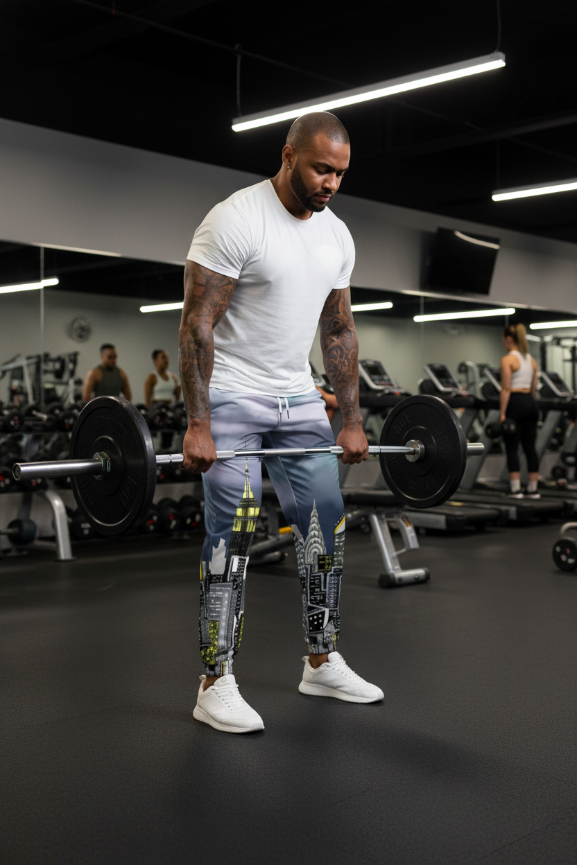 Man lifting weights wearing a white t-shirt and colorful Loria NYC Art pants in a gym 
