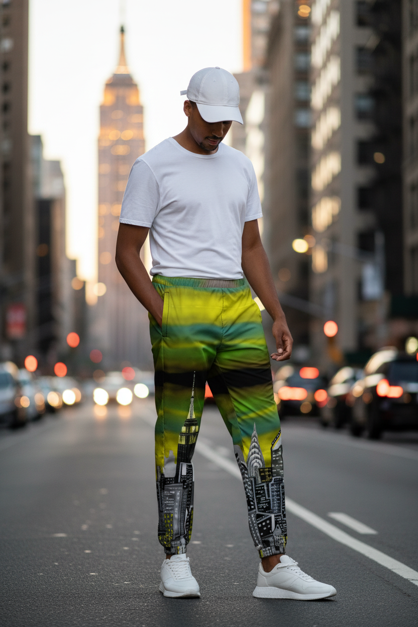 Man wearing a white t-shirt and colorful pants with Loria NYC Art cityscape design on a urban background