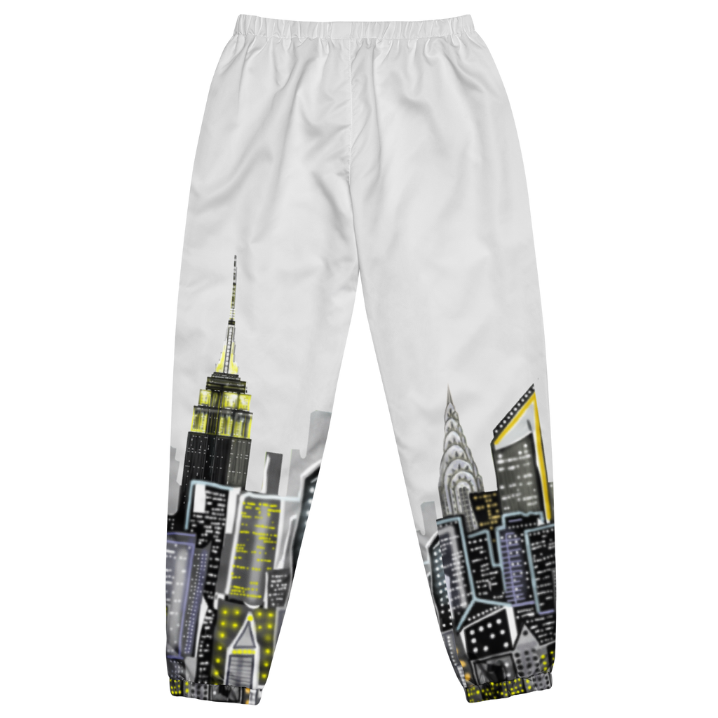 White Loria NYC Art sweatpants with cityscape design featuring iconic buildings on a white background